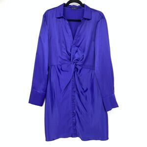 Ever After Satin Long Sleeve Shirt Dress Womens Apx Sz L Blue Twist Knot Front